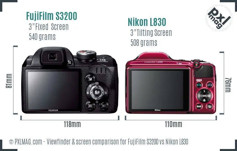 FujiFilm S3200 vs Nikon L830 Screen and Viewfinder comparison