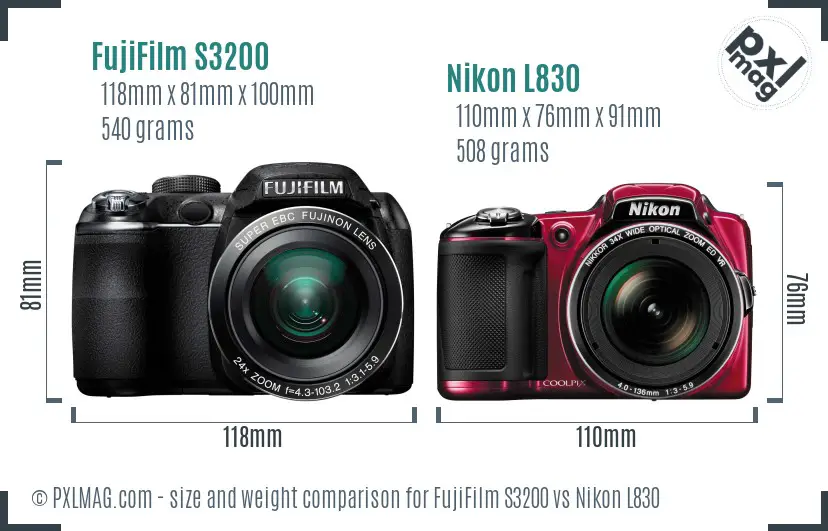 FujiFilm S3200 vs Nikon L830 size comparison