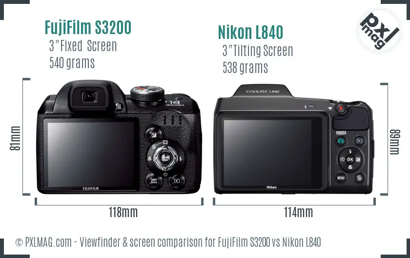 FujiFilm S3200 vs Nikon L840 Screen and Viewfinder comparison