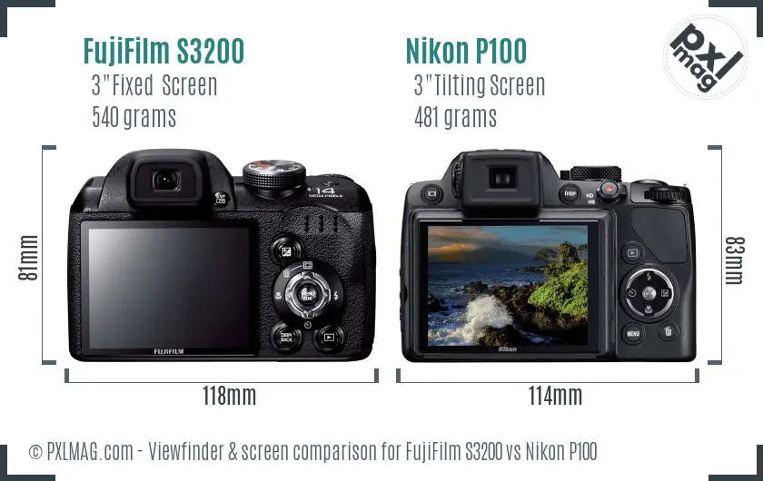 FujiFilm S3200 vs Nikon P100 Screen and Viewfinder comparison