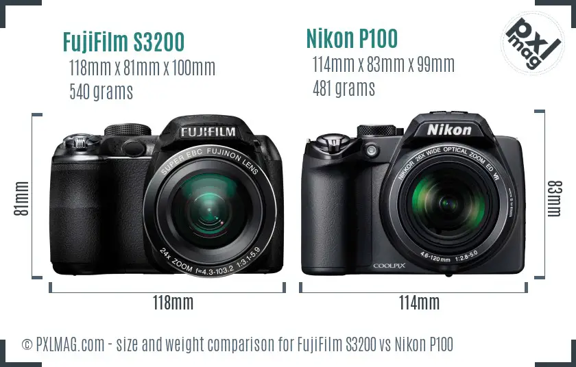 FujiFilm S3200 vs Nikon P100 size comparison