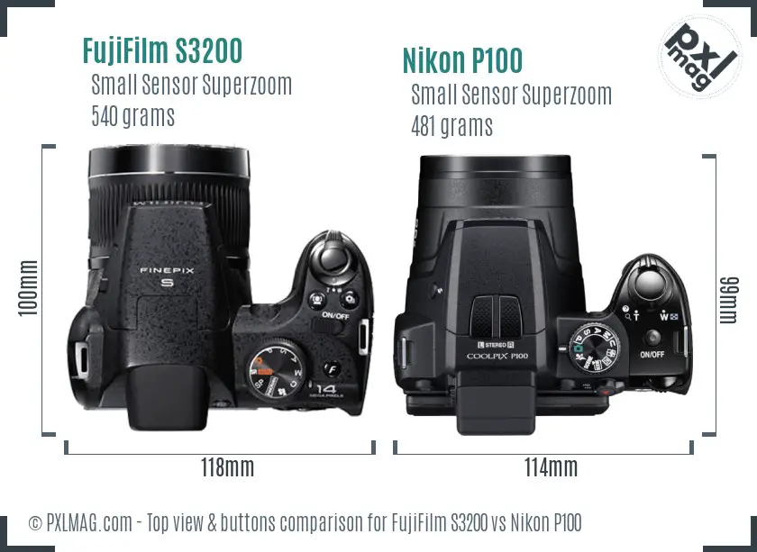 FujiFilm S3200 vs Nikon P100 top view buttons comparison