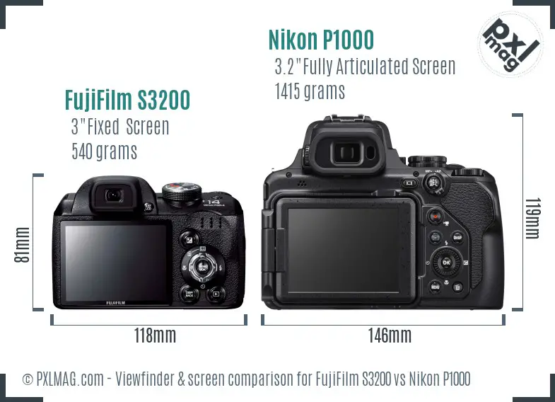 FujiFilm S3200 vs Nikon P1000 Screen and Viewfinder comparison