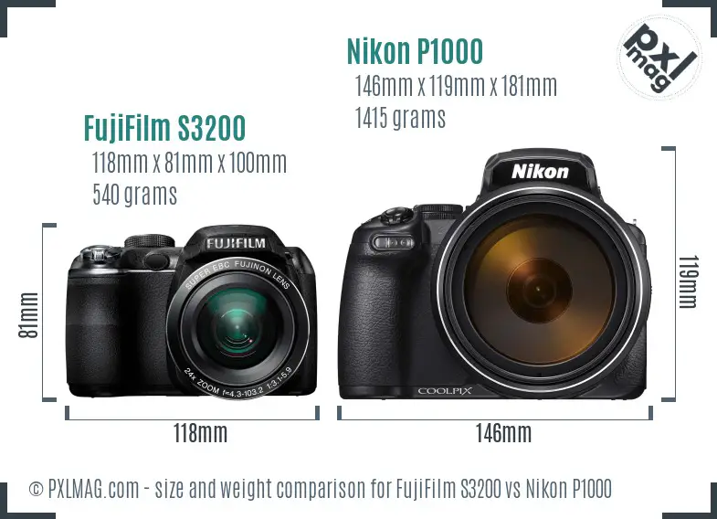 FujiFilm S3200 vs Nikon P1000 size comparison