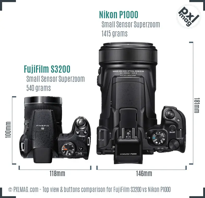 FujiFilm S3200 vs Nikon P1000 top view buttons comparison