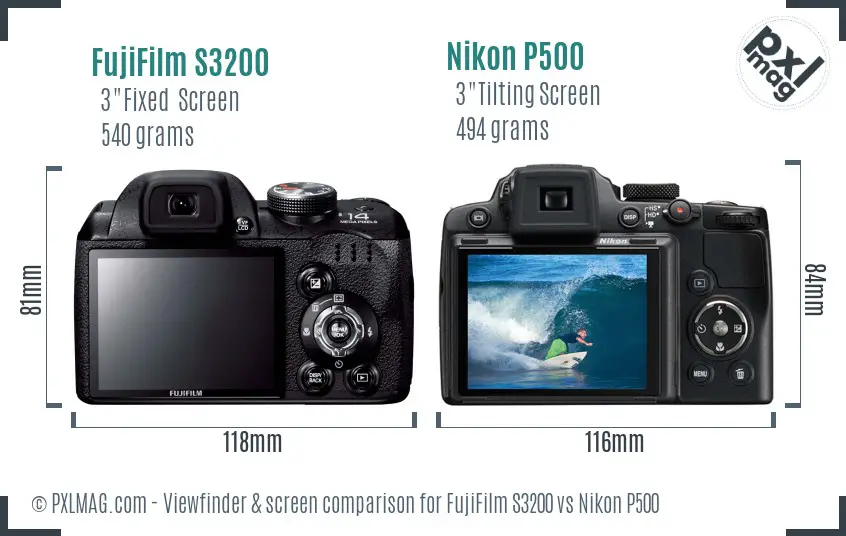 FujiFilm S3200 vs Nikon P500 Screen and Viewfinder comparison