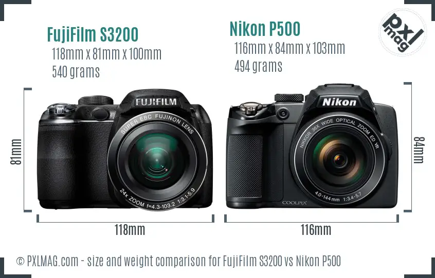 FujiFilm S3200 vs Nikon P500 size comparison