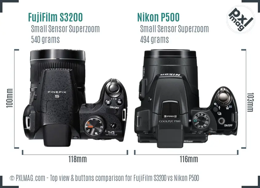 FujiFilm S3200 vs Nikon P500 top view buttons comparison