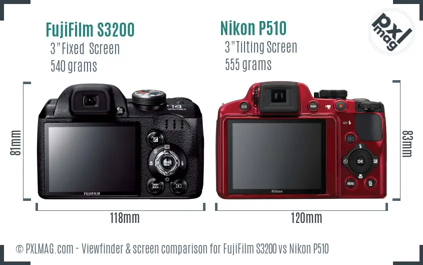 FujiFilm S3200 vs Nikon P510 Screen and Viewfinder comparison