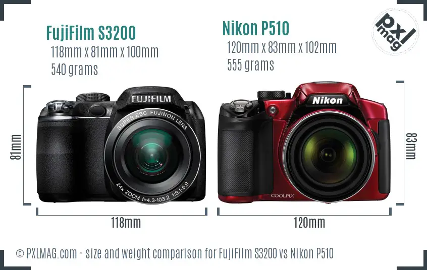 FujiFilm S3200 vs Nikon P510 size comparison