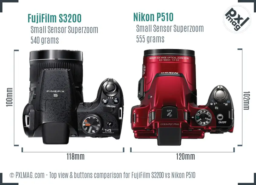 FujiFilm S3200 vs Nikon P510 top view buttons comparison