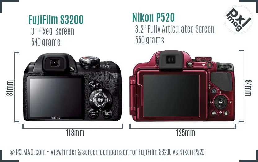 FujiFilm S3200 vs Nikon P520 Screen and Viewfinder comparison