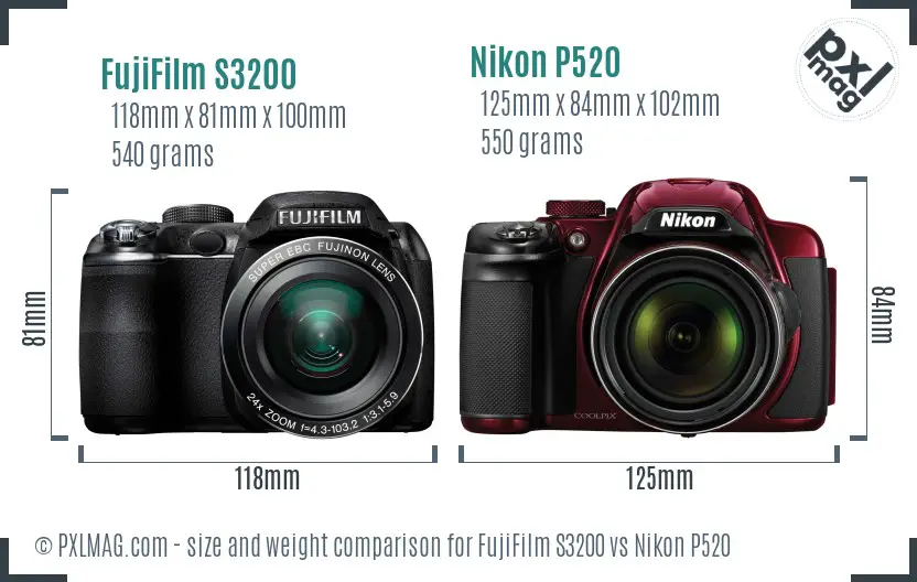 FujiFilm S3200 vs Nikon P520 size comparison
