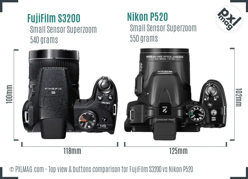 FujiFilm S3200 vs Nikon P520 top view buttons comparison