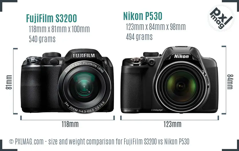 FujiFilm S3200 vs Nikon P530 size comparison