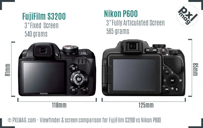 FujiFilm S3200 vs Nikon P600 Screen and Viewfinder comparison