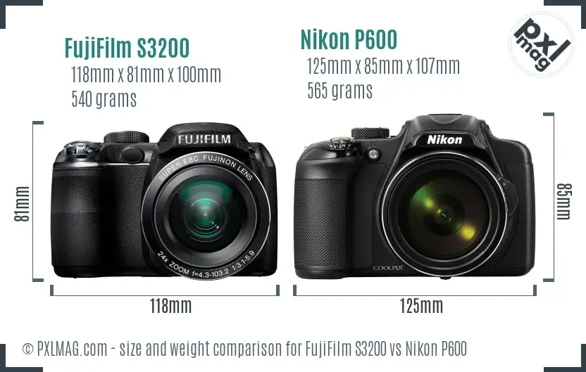 FujiFilm S3200 vs Nikon P600 size comparison