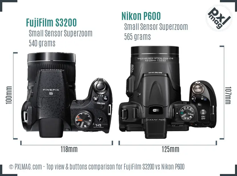 FujiFilm S3200 vs Nikon P600 top view buttons comparison