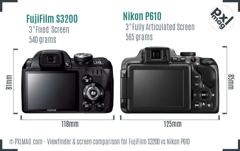FujiFilm S3200 vs Nikon P610 Screen and Viewfinder comparison FujiFilm S3200 vs Nikon P610 Screen and Viewfinder comparison