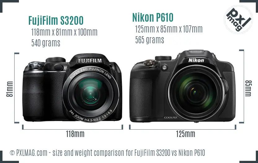 FujiFilm S3200 vs Nikon P610 size comparison FujiFilm S3200 vs Nikon P610 size comparison