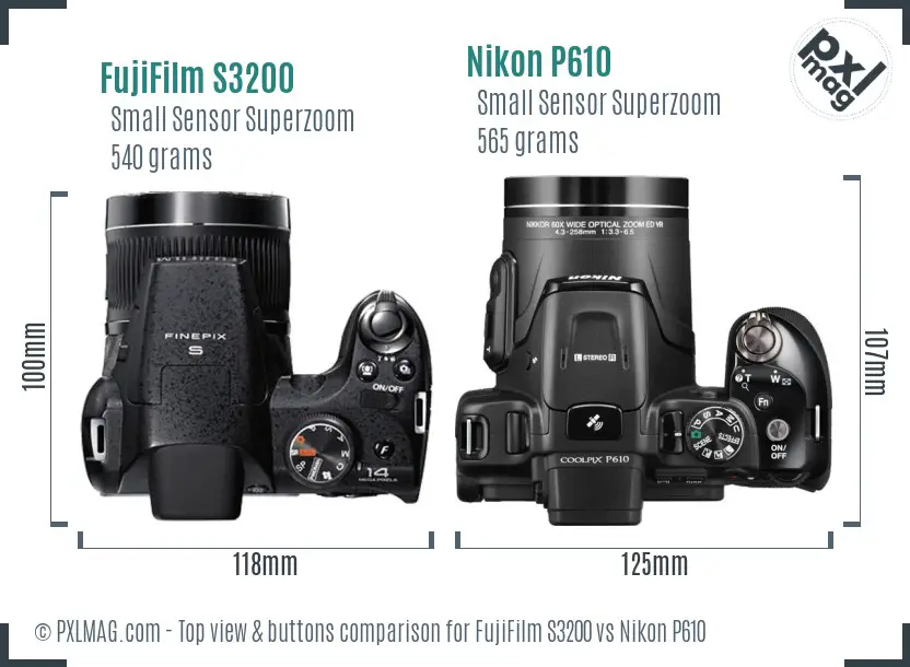 FujiFilm S3200 vs Nikon P610 top view buttons comparison FujiFilm S3200 vs Nikon P610 top view buttons comparison