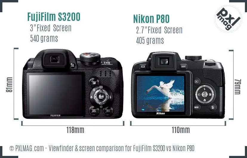 FujiFilm S3200 vs Nikon P80 Screen and Viewfinder comparison