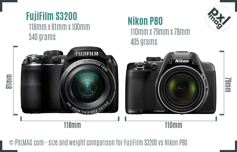 FujiFilm S3200 vs Nikon P80 size comparison