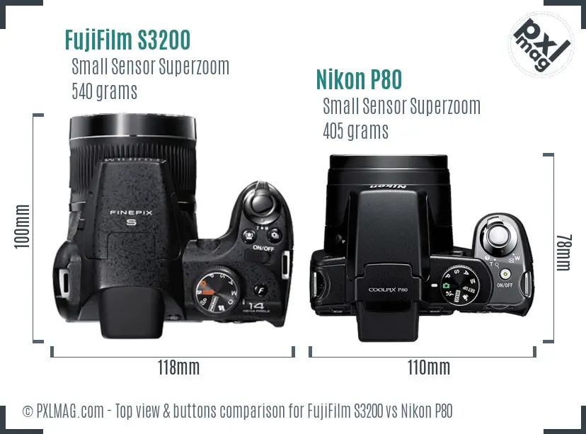 FujiFilm S3200 vs Nikon P80 top view buttons comparison