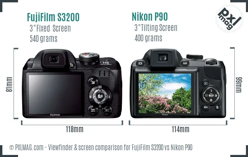 FujiFilm S3200 vs Nikon P90 Screen and Viewfinder comparison