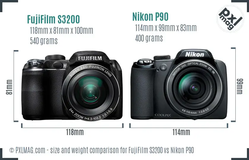 FujiFilm S3200 vs Nikon P90 size comparison