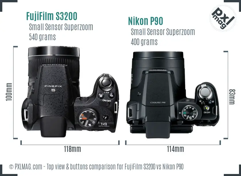 FujiFilm S3200 vs Nikon P90 top view buttons comparison