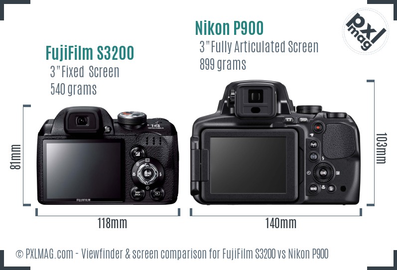 FujiFilm S3200 vs Nikon P900 Screen and Viewfinder comparison
