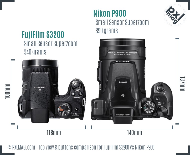 FujiFilm S3200 vs Nikon P900 top view buttons comparison
