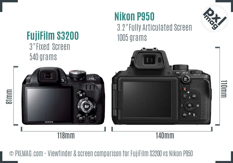 FujiFilm S3200 vs Nikon P950 Screen and Viewfinder comparison