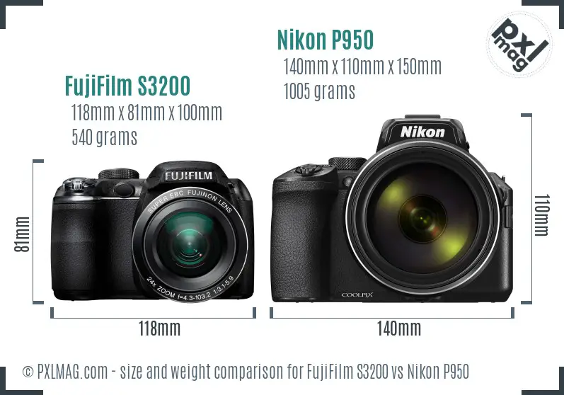 FujiFilm S3200 vs Nikon P950 size comparison