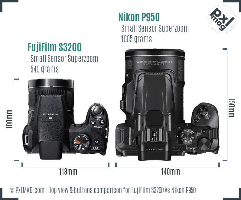 FujiFilm S3200 vs Nikon P950 top view buttons comparison