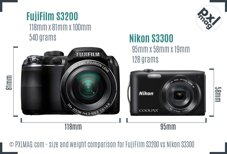 FujiFilm S3200 vs Nikon S3300 size comparison