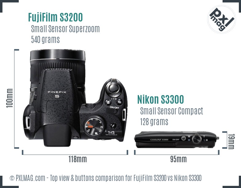 FujiFilm S3200 vs Nikon S3300 top view buttons comparison