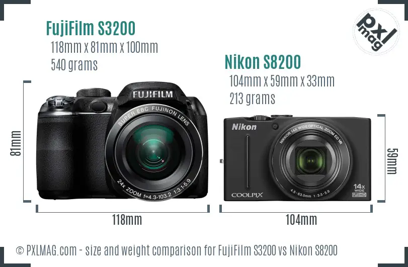 FujiFilm S3200 vs Nikon S8200 size comparison