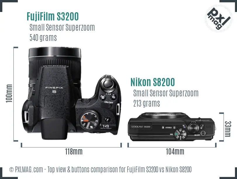 FujiFilm S3200 vs Nikon S8200 top view buttons comparison