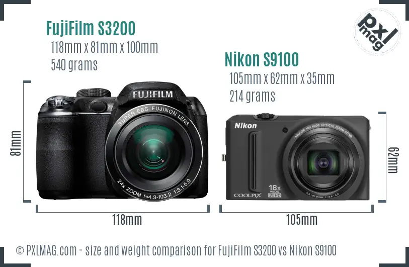 FujiFilm S3200 vs Nikon S9100 size comparison