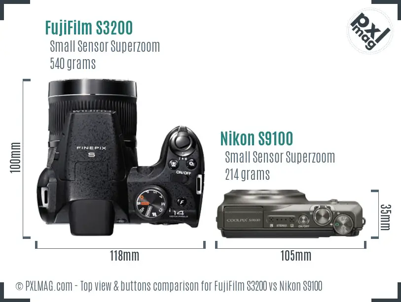FujiFilm S3200 vs Nikon S9100 top view buttons comparison