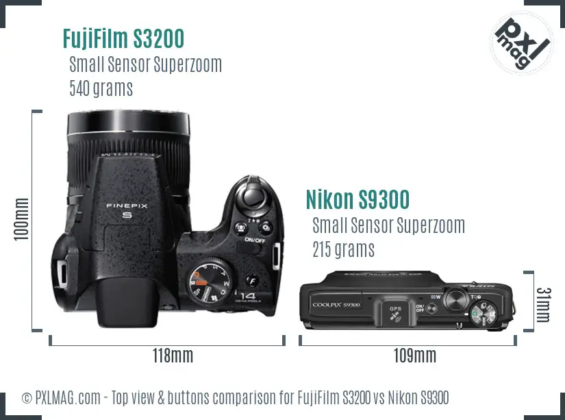 FujiFilm S3200 vs Nikon S9300 top view buttons comparison FujiFilm S3200 vs Nikon S9300 top view buttons comparison
