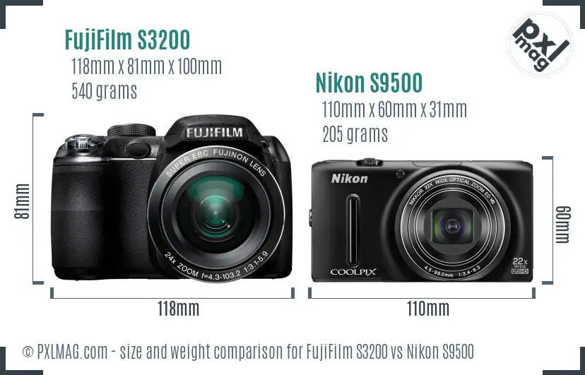 FujiFilm S3200 vs Nikon S9500 size comparison