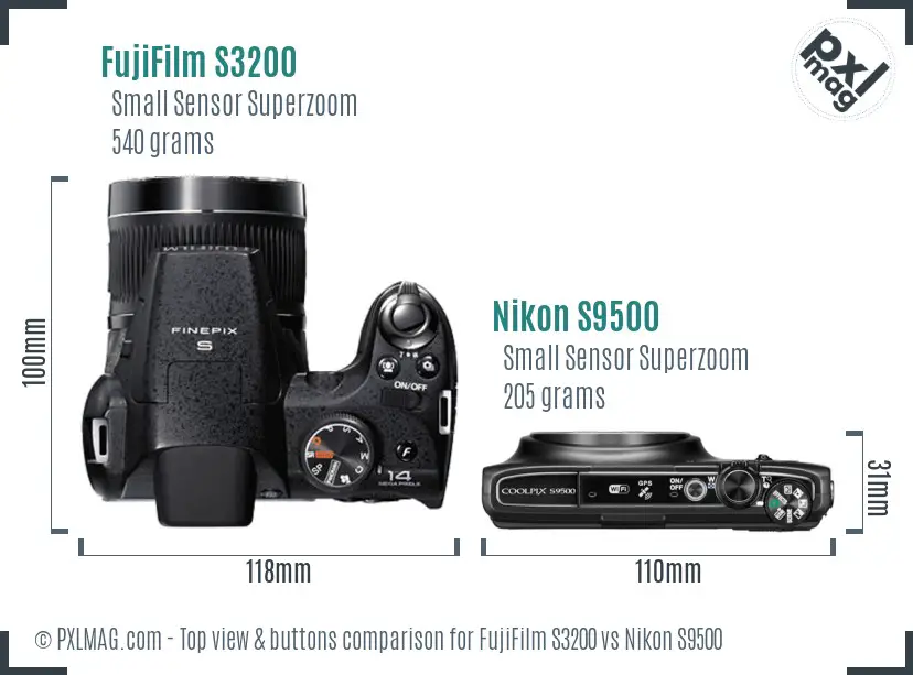 FujiFilm S3200 vs Nikon S9500 top view buttons comparison