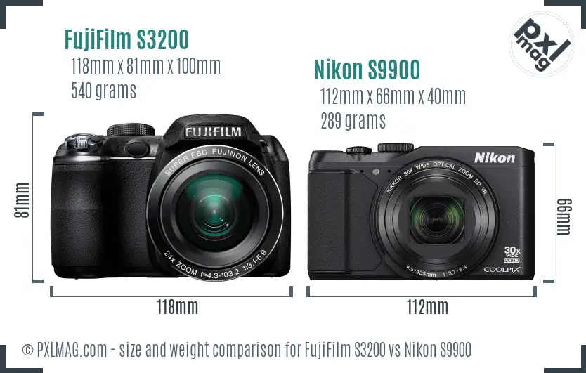 FujiFilm S3200 vs Nikon S9900 size comparison