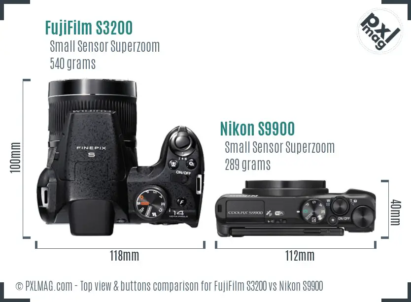 FujiFilm S3200 vs Nikon S9900 top view buttons comparison