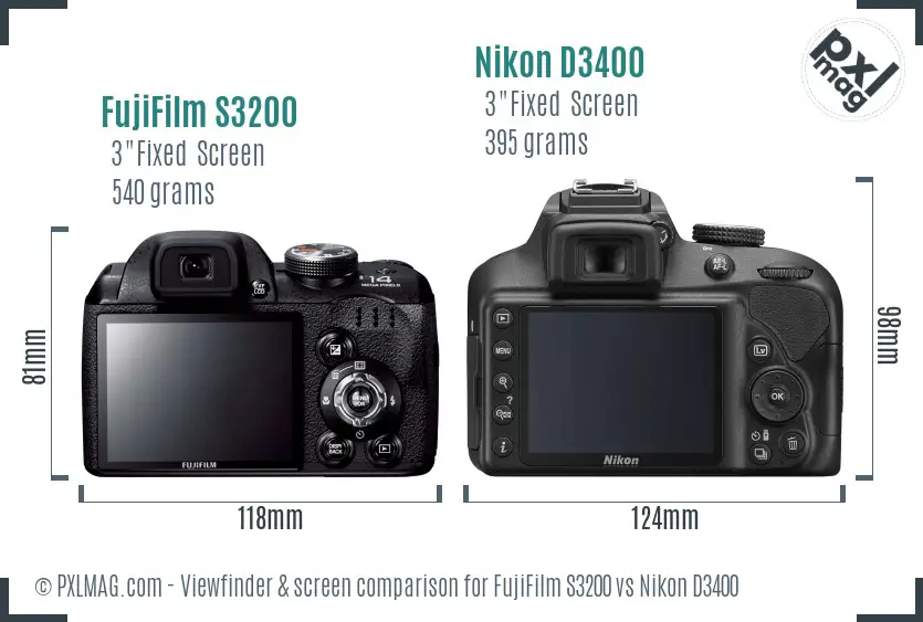 FujiFilm S3200 vs Nikon D3400 Screen and Viewfinder comparison