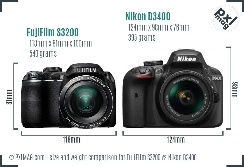 FujiFilm S3200 vs Nikon D3400 size comparison