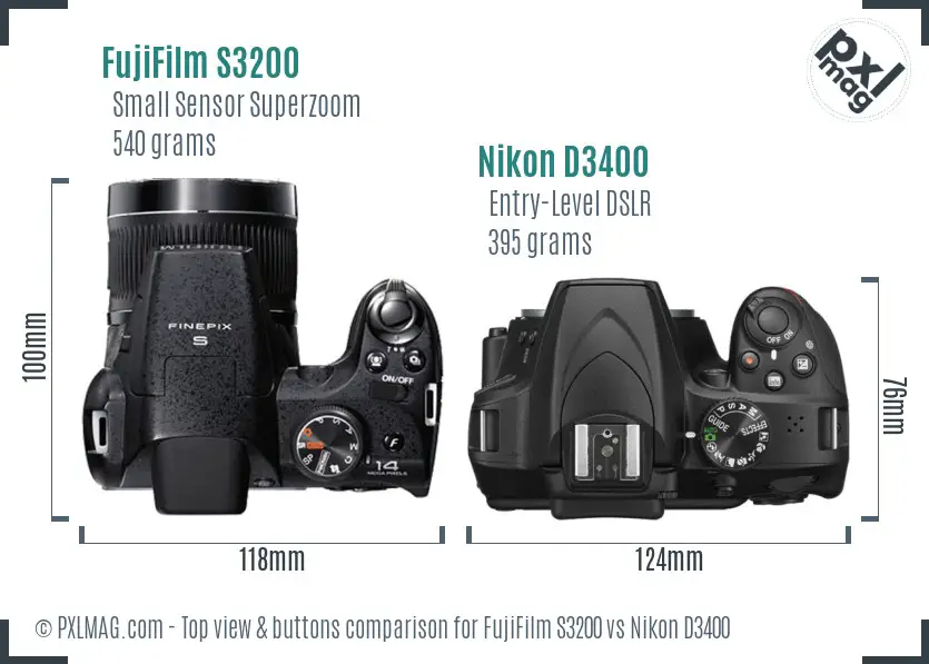 FujiFilm S3200 vs Nikon D3400 top view buttons comparison